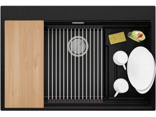 Küchenspüle aus Granit ohne Abtropffläche mit Platz für Accessories und ein Brett Oslo 40 Pocket + Gratisgeschenk