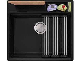 Küchenspüle aus Granit ohne Abtropffläche mit Platz für Accessories und ein Brett Oslo 60 Pocket + Gratisgeschenk