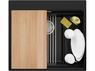Küchenspüle aus Granit ohne Abtropffläche mit Platz für Accessories und ein Brett Oslo 80 Pocket Multilevel + Gratisgeschenk