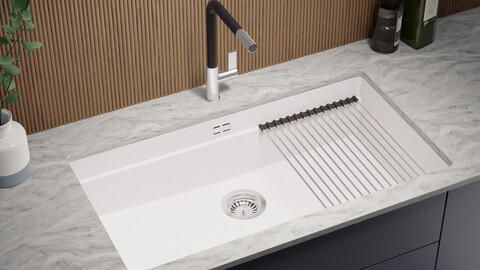 Unterbauspüle aus Granit 1 Becken. Spülbecken für Unterbau mit großem Becken XXL Prag 90 Level + aufrollbare Abtropffläche